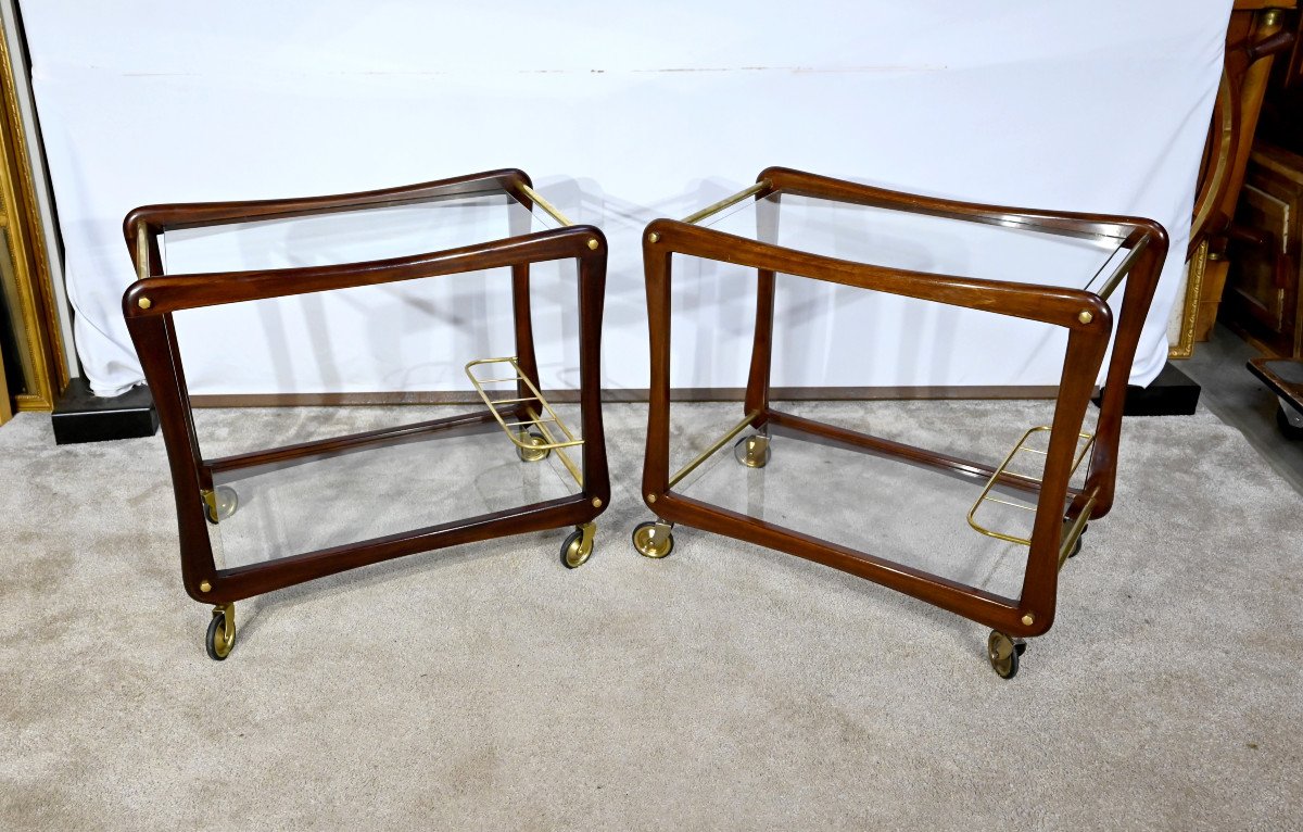 Pair Of Rolling Serving Tables In Solid Mahogany, Glass And Brass - 1960s
