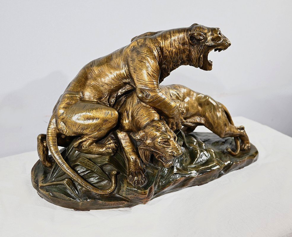 Bronze Group “tiger Combat”, Signed E. Drouot – Late 19th Century-photo-2