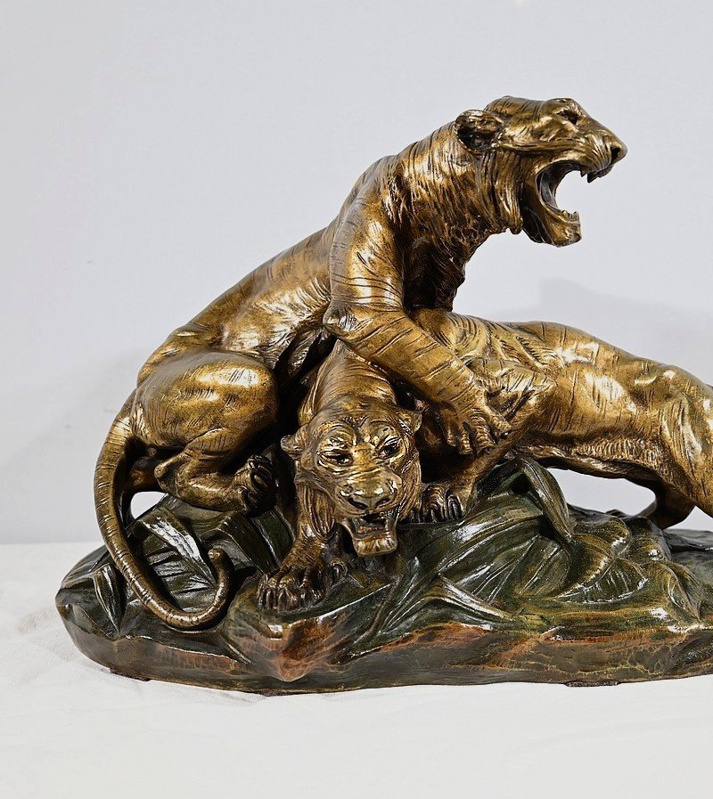 Bronze Group “tiger Combat”, Signed E. Drouot – Late 19th Century-photo-3