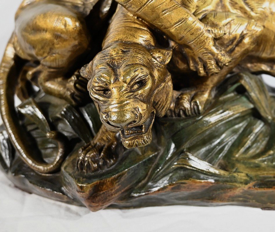 Bronze Group “tiger Combat”, Signed E. Drouot – Late 19th Century-photo-1