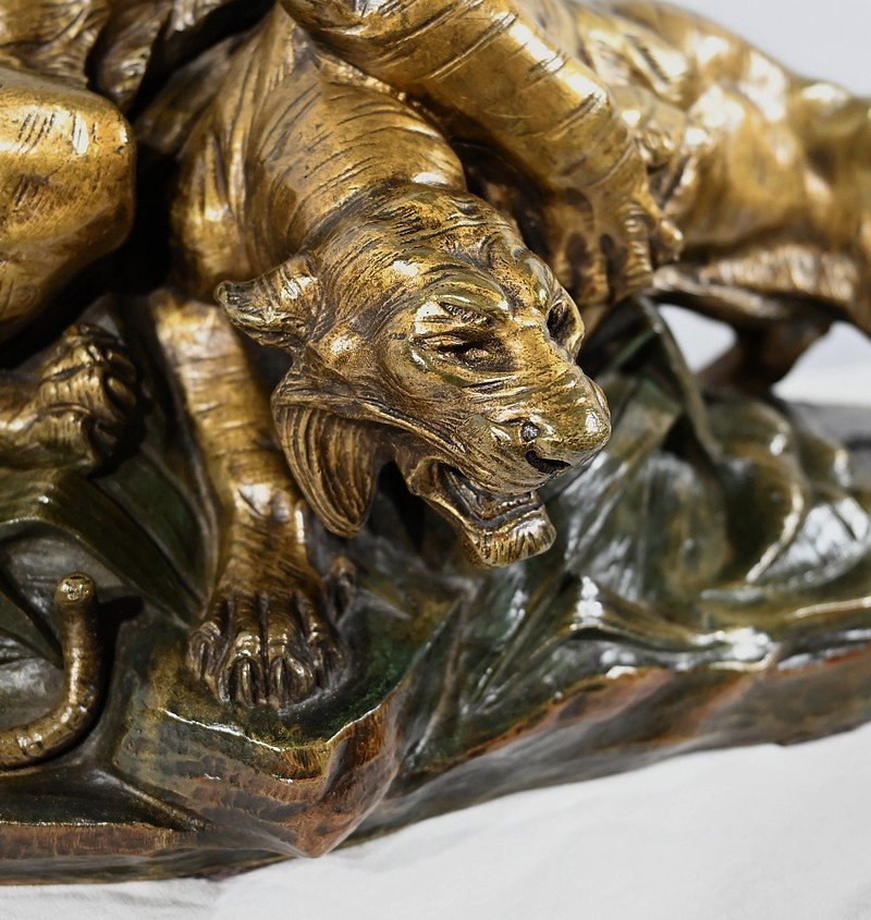 Bronze Group “tiger Combat”, Signed E. Drouot – Late 19th Century-photo-2