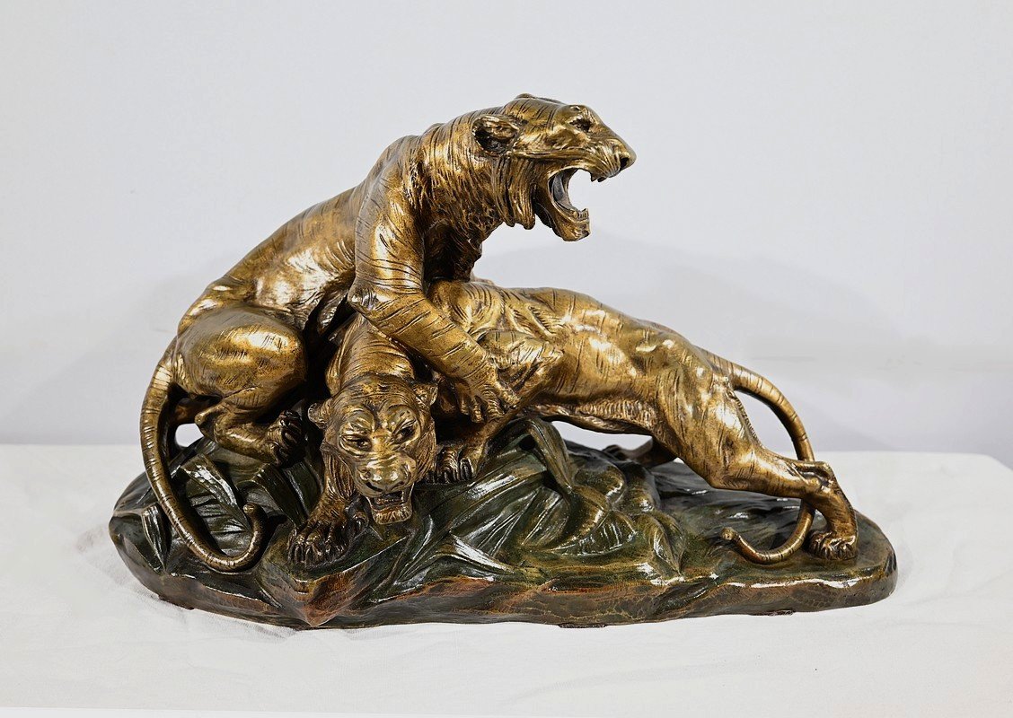 Bronze Group “tiger Combat”, Signed E. Drouot – Late 19th Century