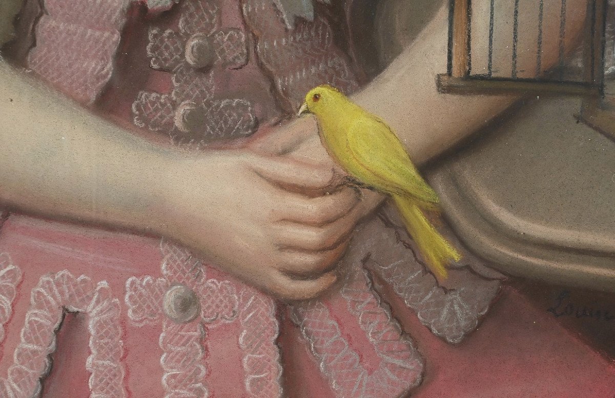 Important Pastel « La Jeune Fille Au Canari », école Française Du XIXe-photo-1