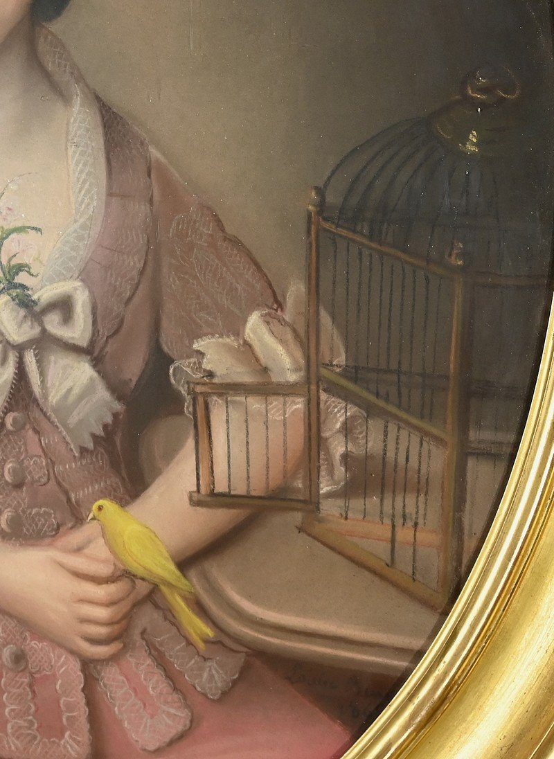 Important Pastel « La Jeune Fille Au Canari », école Française Du XIXe-photo-2
