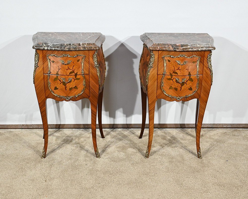 Pair Of Bedside Tables In Rosewood And Marquetry, Louis XV Style – Mid 20th Century-photo-2