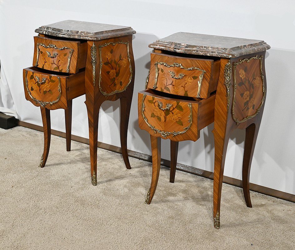 Pair Of Bedside Tables In Rosewood And Marquetry, Louis XV Style – Mid 20th Century-photo-4