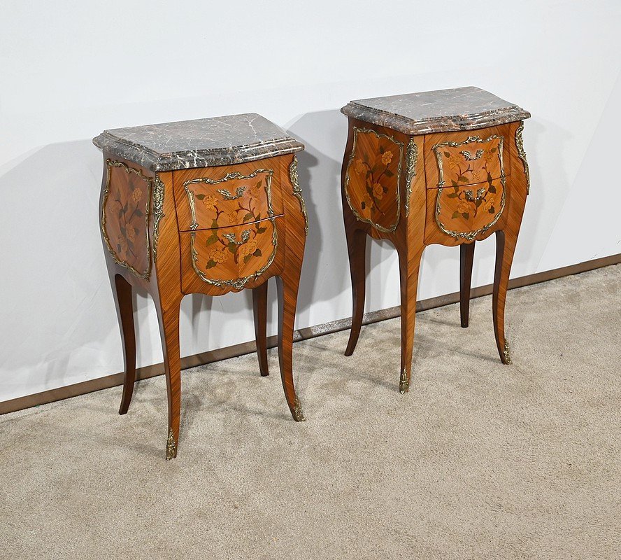 Pair Of Bedside Tables In Rosewood And Marquetry, Louis XV Style – Mid 20th Century