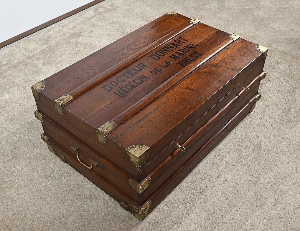 Important Naval Officer's Travel Trunk, In Teak - Late 19th Century