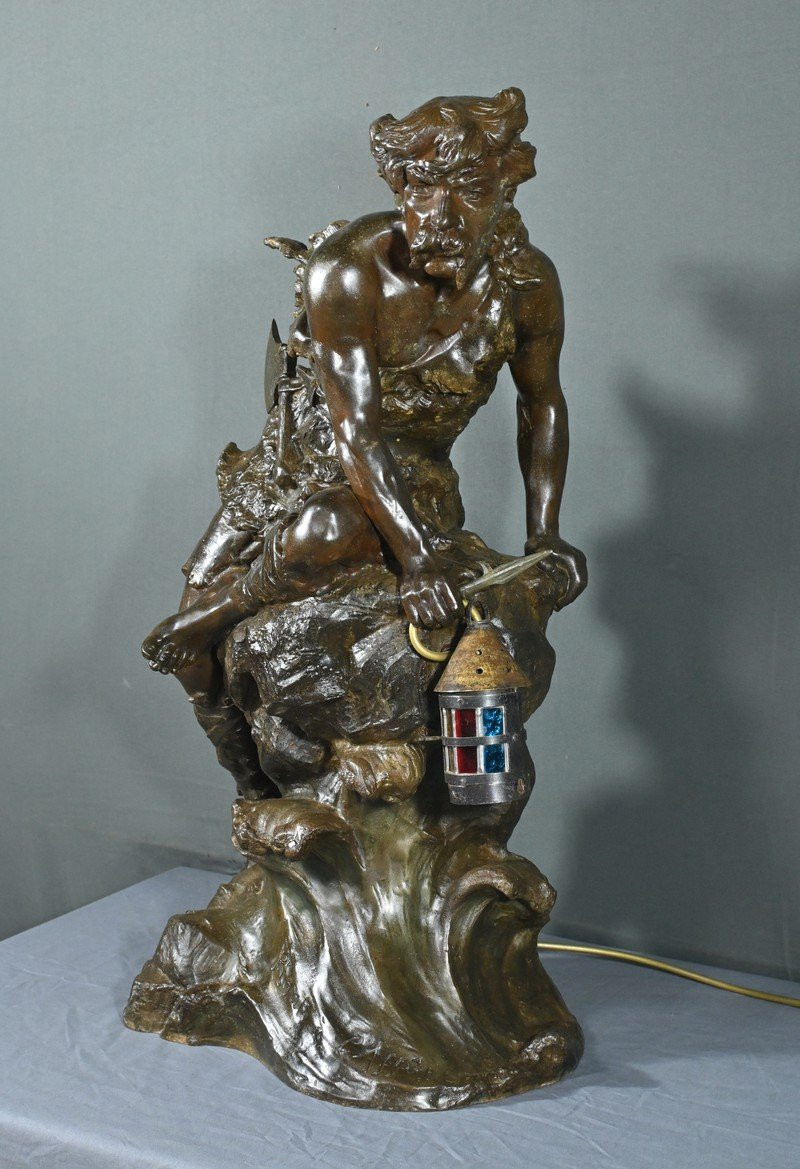 Important Regulus Mounted As A Lamp “pirate On The Lookout”, Signed A. Foretay – Early 20th Century-photo-1