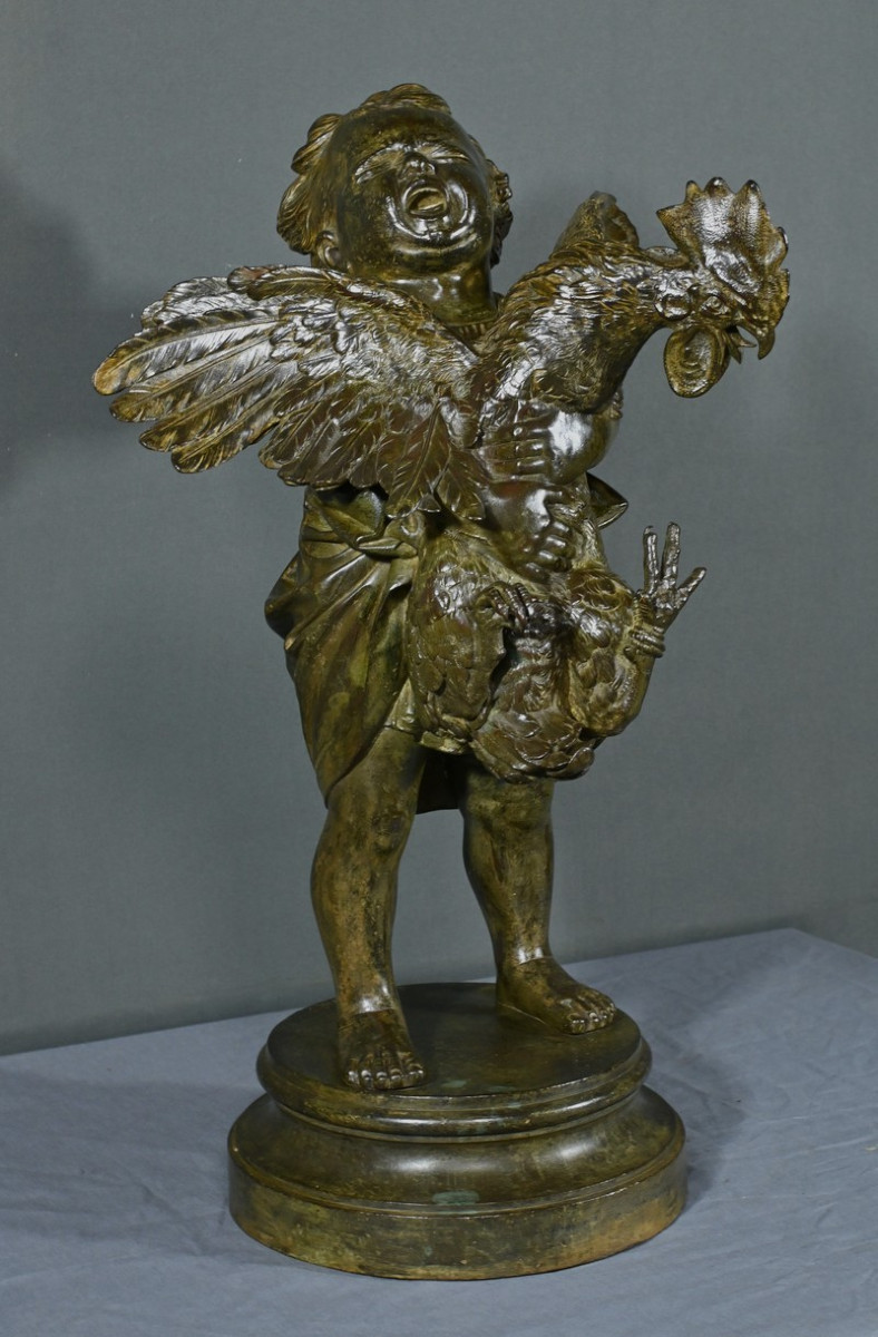 Important Bronze « L’enfant Au Coq », D’après A. Cecioni – Fin XIXe