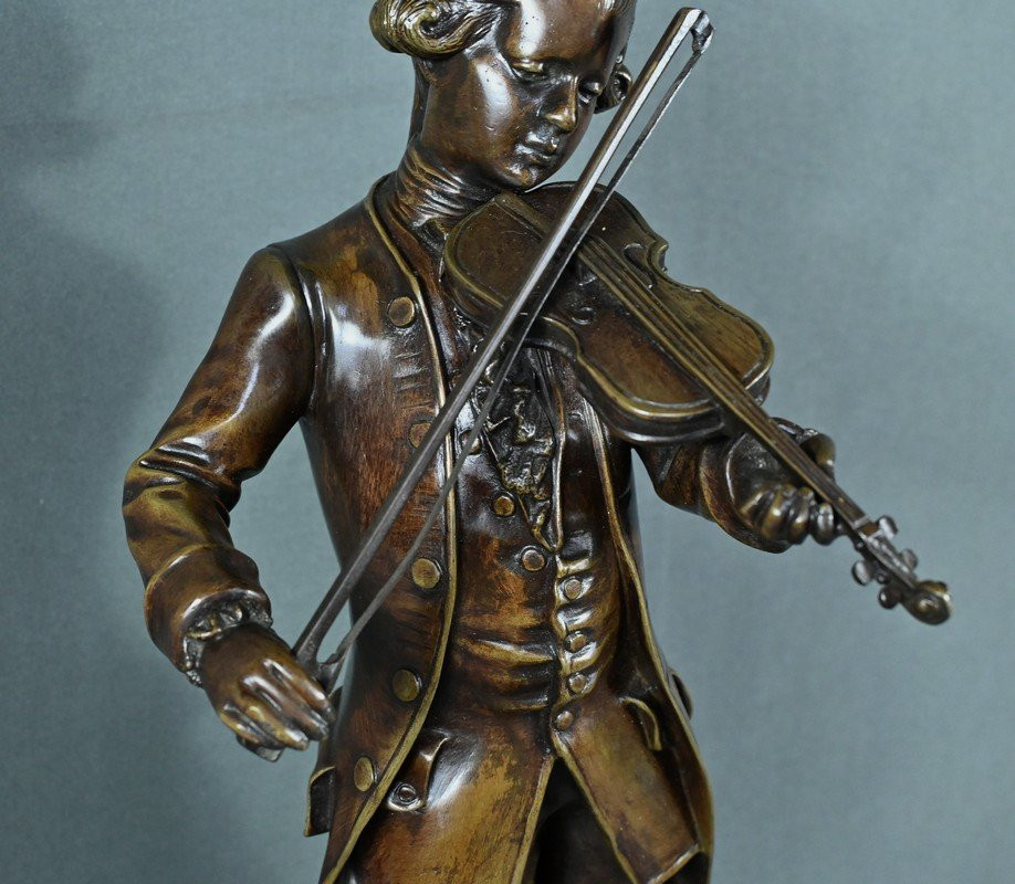 Bronze “mozart Playing The Violin” By Jm. Schneider – Early 20th Century-photo-5