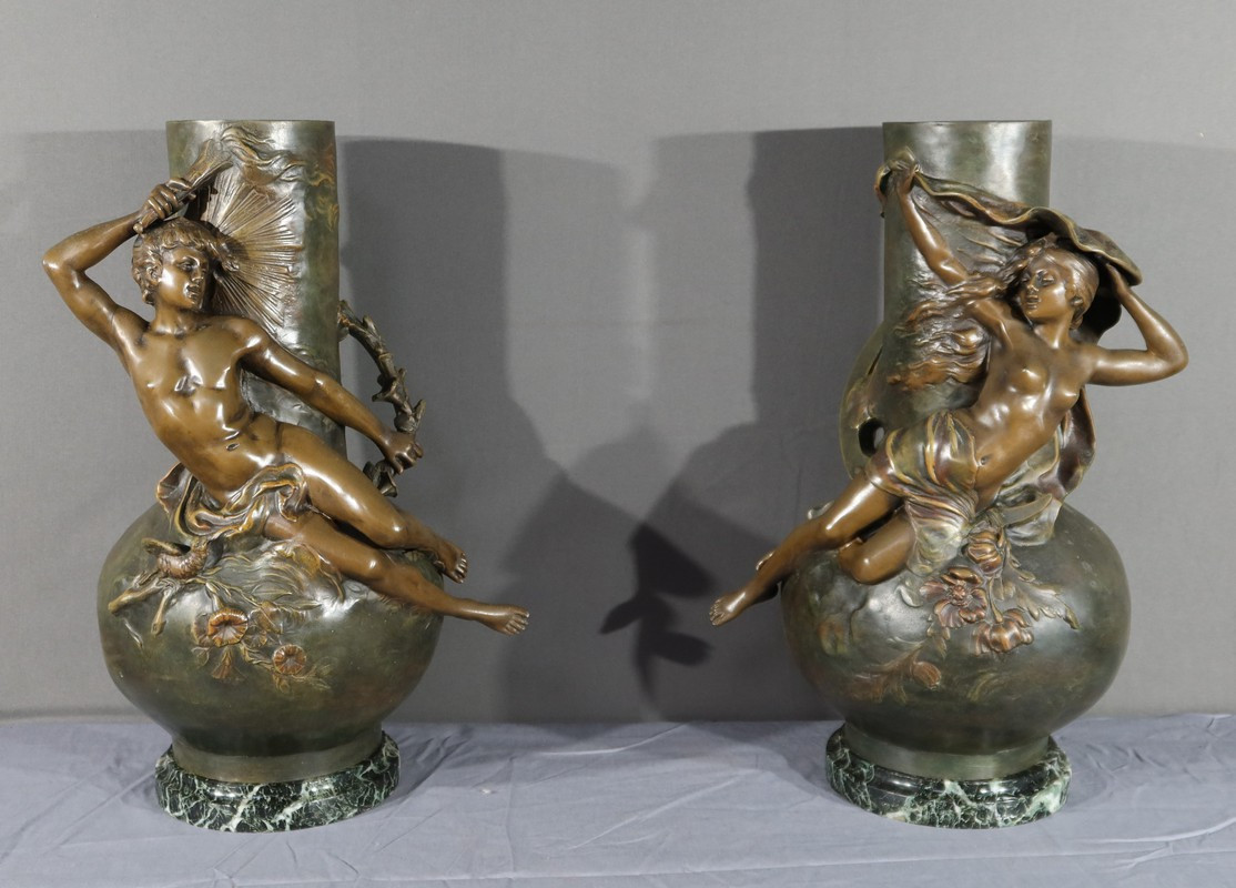 Pair Of Spelter Vases, Signed L. Moreau – Late 19th Century