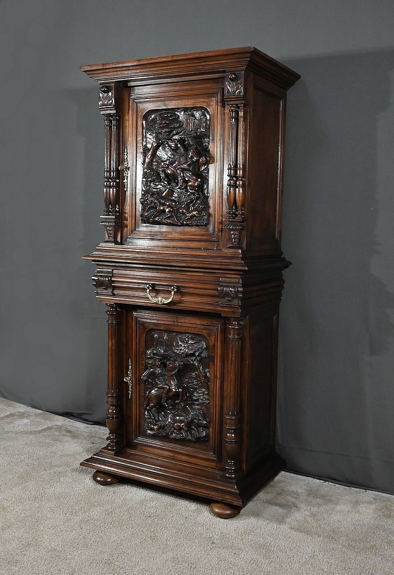 Rare Small Renaissance Cabinet In Solid Walnut – Part 2 Of The 19th Century-photo-2