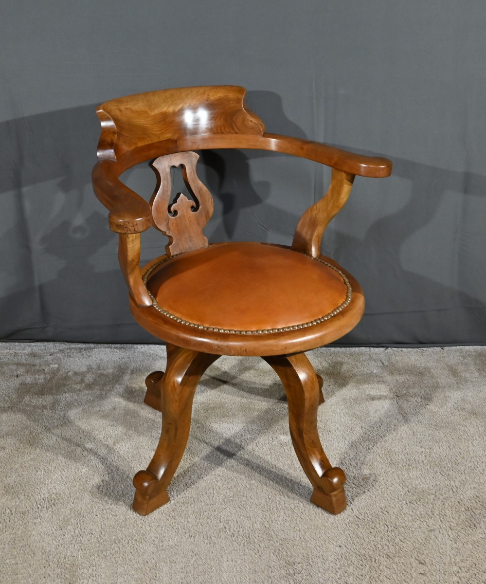 Victorian Walnut Swivel Armchair, England – 2nd Half Of The 19th Century