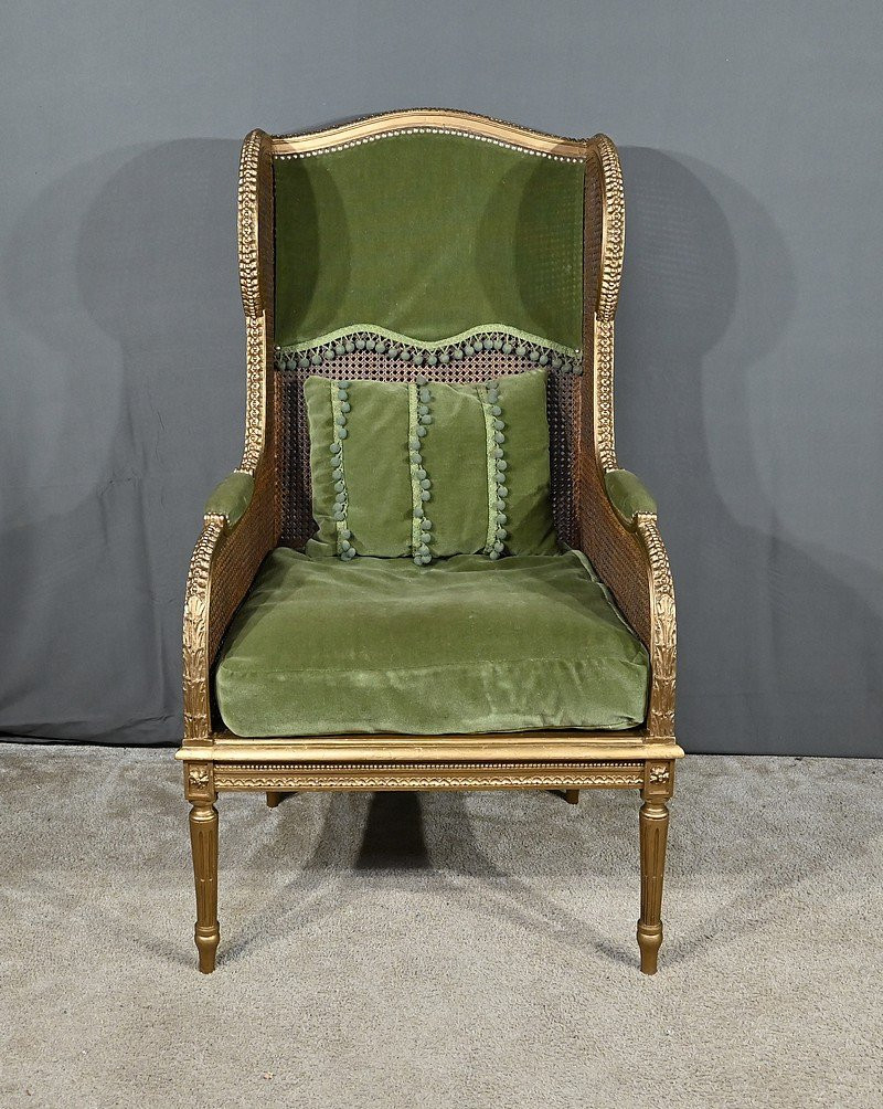 Important Gilded Wood Bergère With Caned Ears, Louis XVI Style – 1900-photo-2