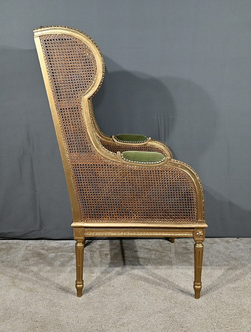 Important Gilded Wood Bergère With Caned Ears, Louis XVI Style – 1900-photo-4