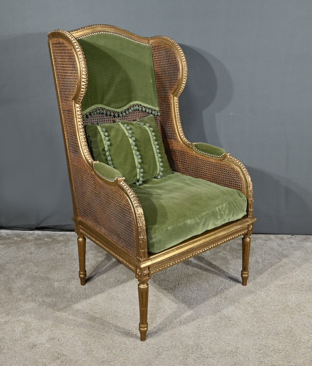 Important Gilded Wood Bergère With Caned Ears, Louis XVI Style – 1900