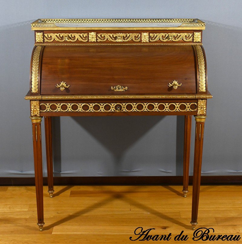Bureau à Cylindre en Acajou, style Louis XVI - 2ème Partie XIXe-photo-4