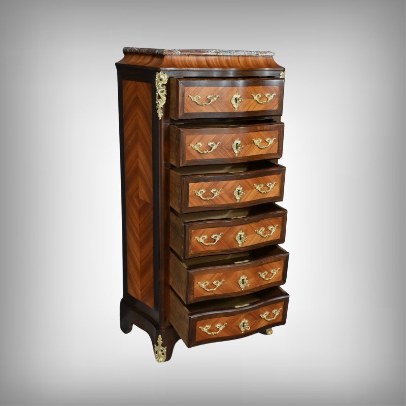 Chiffonnier en Marqueterie de Bois de Rose et Palissandre, style Louis XV – 2ème partie XIXe-photo-1