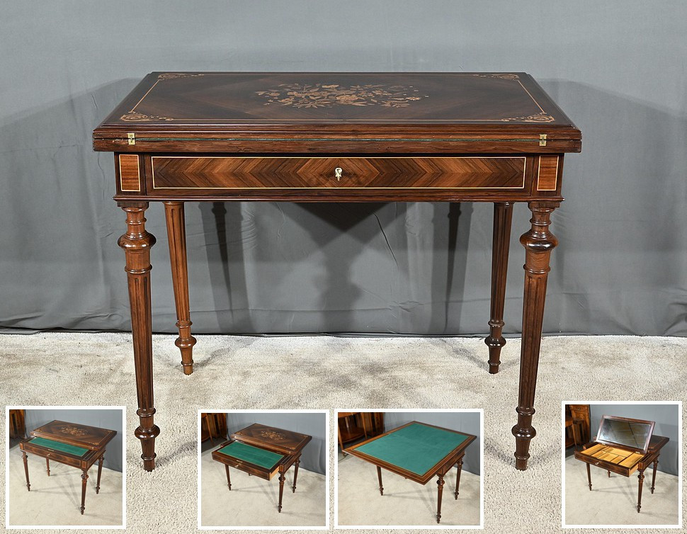 Marquetry System Table, Louis XVI Style – 2nd Half Of The 19th Century