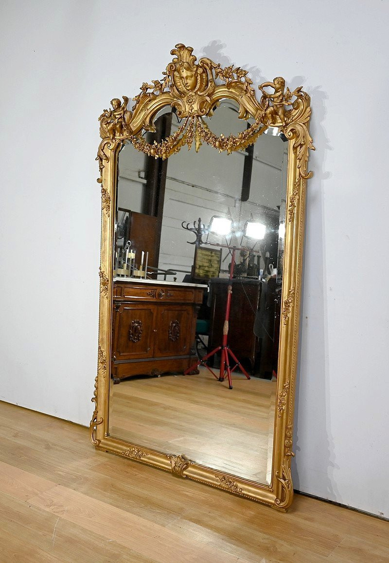Important Gilded Wood Mirror, Louis XIV / Louis XV Style, Napoleon III Period – Mid-19th Century-photo-3