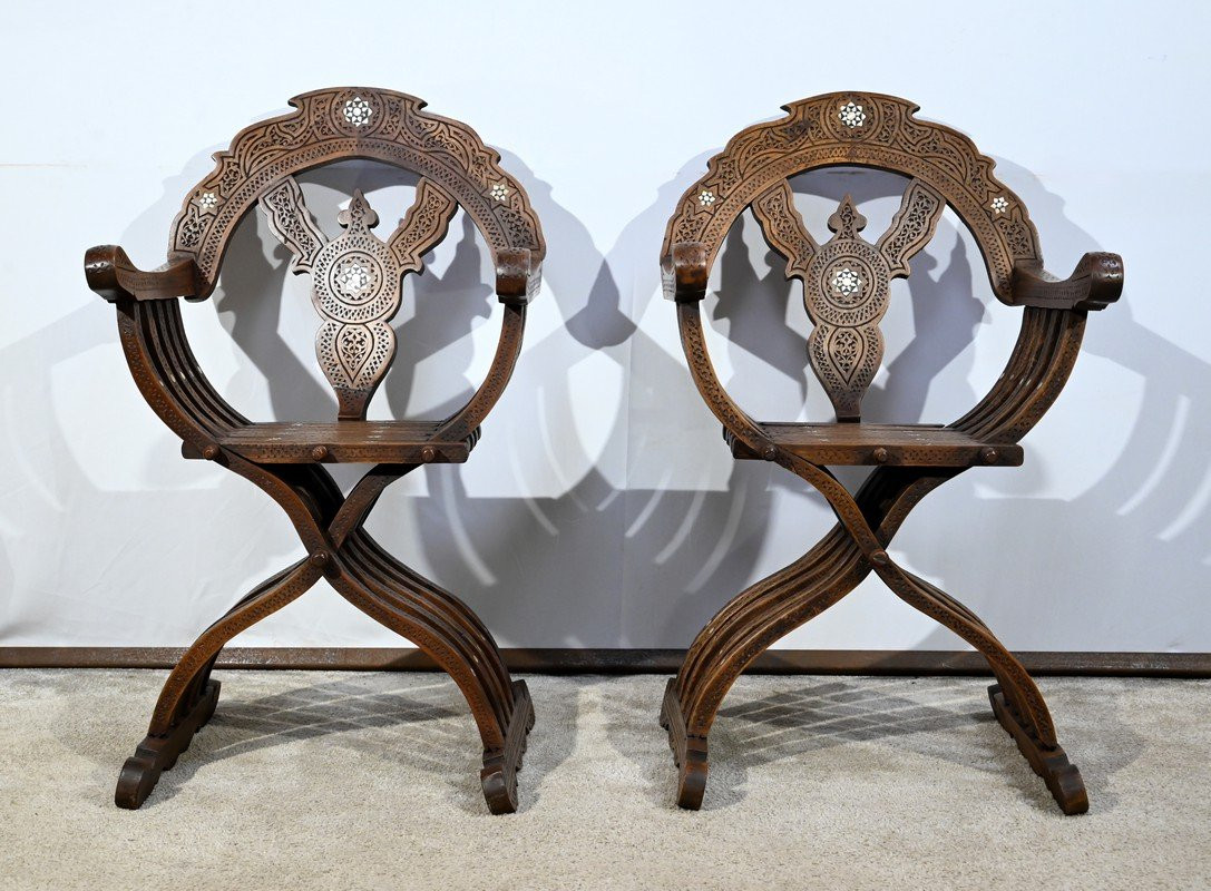 Paire de Fauteuils Syriens Savonarole en Noyer – Fin XIXe-photo-4