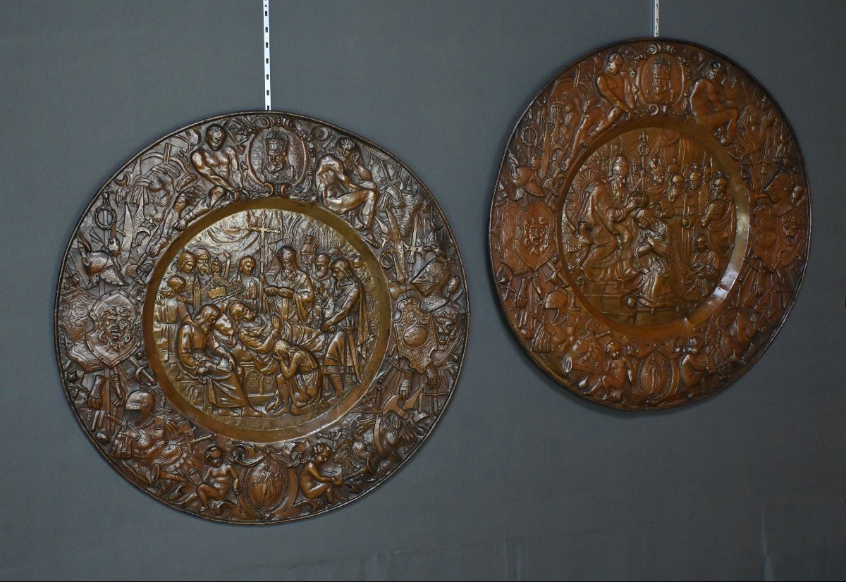 Pair Of Important “charlemagne” Embossed Copper Trays – Late 19th Century-photo-1