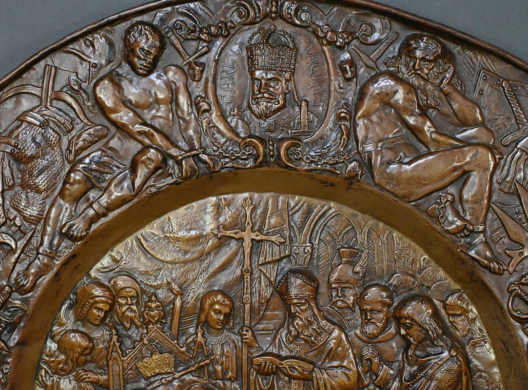 Pair Of Important “charlemagne” Embossed Copper Trays – Late 19th Century-photo-4
