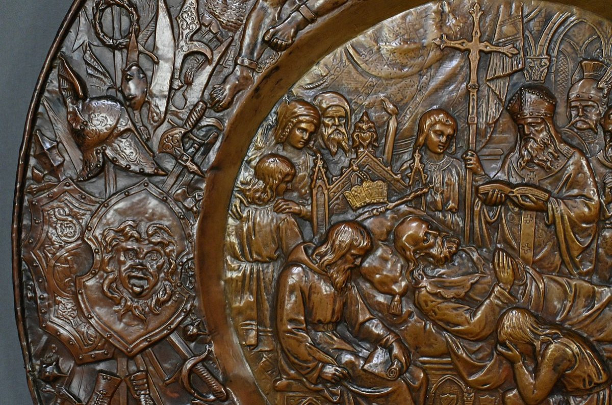 Pair Of Important “charlemagne” Embossed Copper Trays – Late 19th Century-photo-5