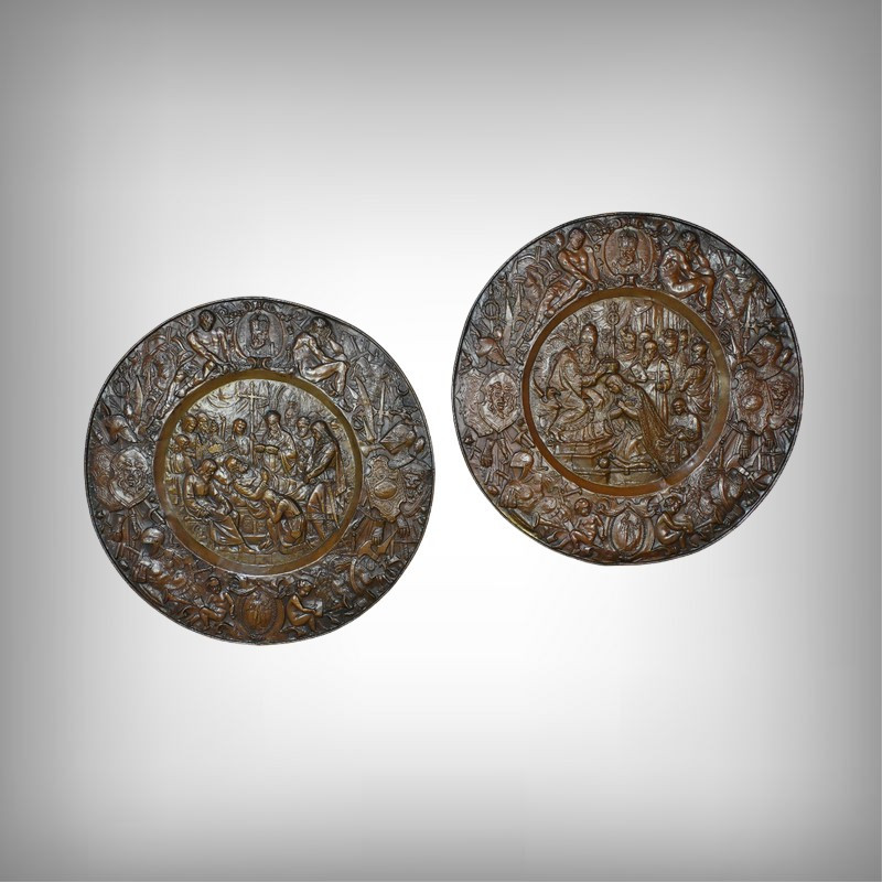 Pair Of Important “charlemagne” Embossed Copper Trays – Late 19th Century