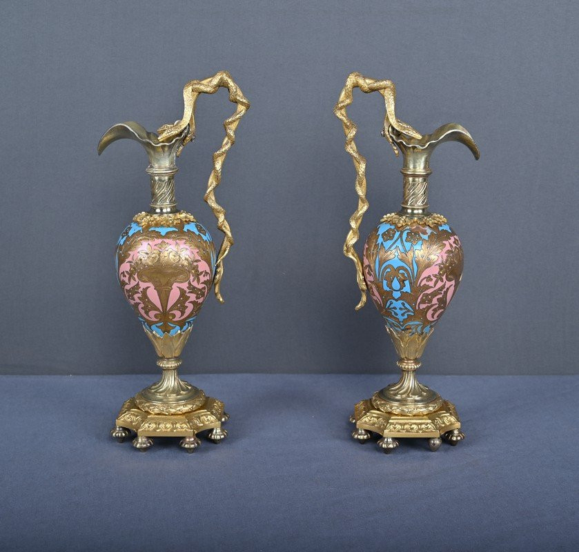 Paire d’Aiguières en Bronze & Émaux cloisonnés, époque Napoléon III – Milieu XIXe-photo-3
