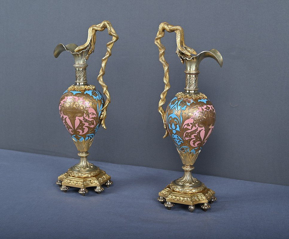 Paire d’Aiguières en Bronze & Émaux cloisonnés, époque Napoléon III – Milieu XIXe-photo-4