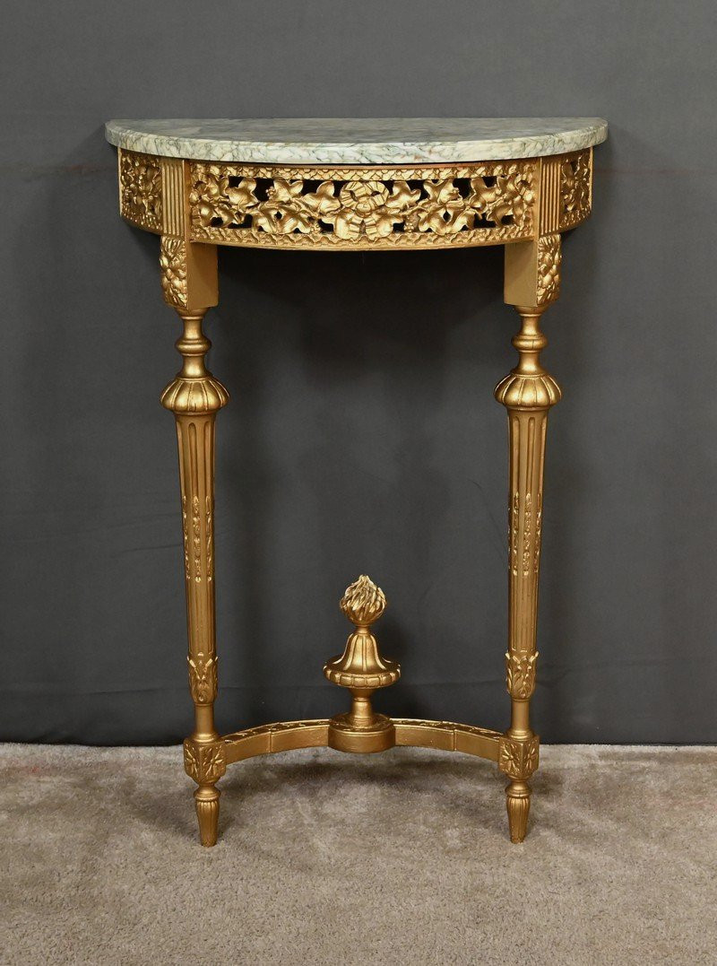 Petite Console Demi-lune en Marbre et Bois doré, style Louis XVI – XXe-photo-1