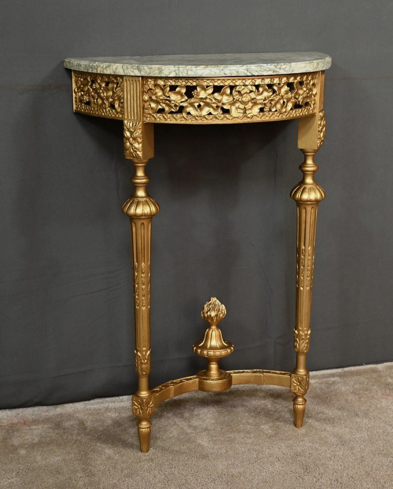 Petite Console Demi-lune en Marbre et Bois doré, style Louis XVI – XXe-photo-3