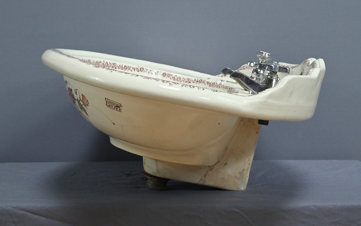 Rare English Porcelain Washbasin, Porcher Factory, Art Nouveau - 1900-photo-7