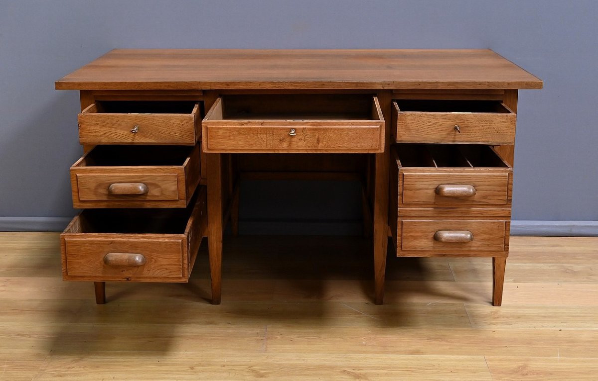 Solid Oak Pedestal Desk, Régy Factory – 1940-photo-4