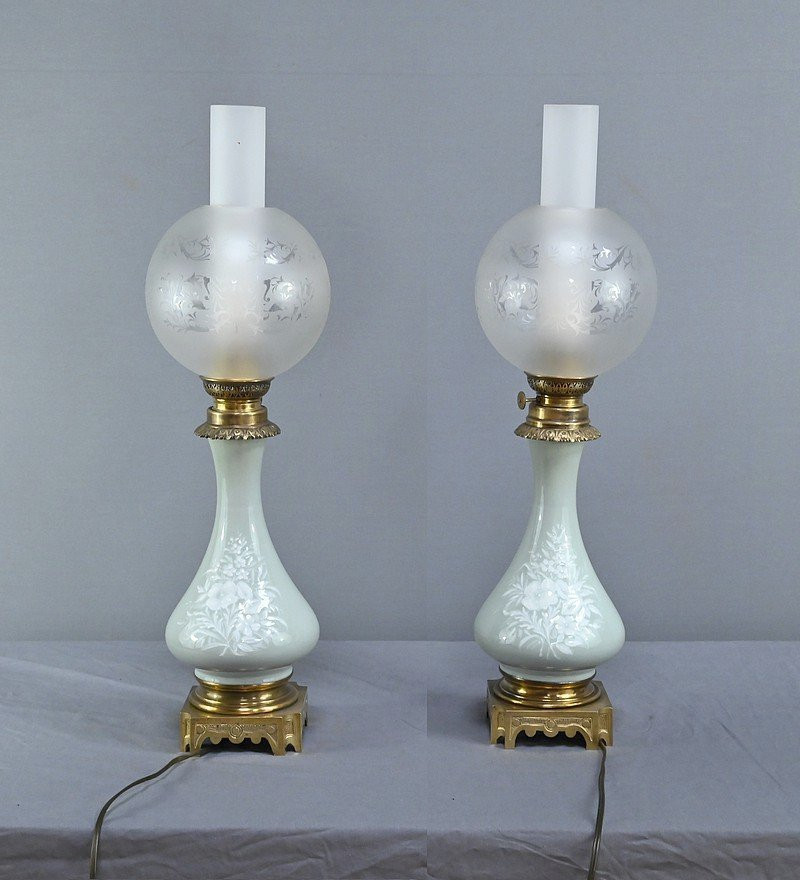 Pair Of Celadon Electrified Oil Lamps, Napoleon III Period – Second Half Of The 19th Century-photo-8