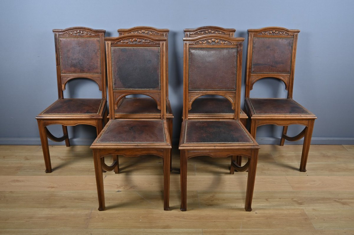 Suite de 6 chaises en Noyer, Art Nouveau – Début XXe-photo-1