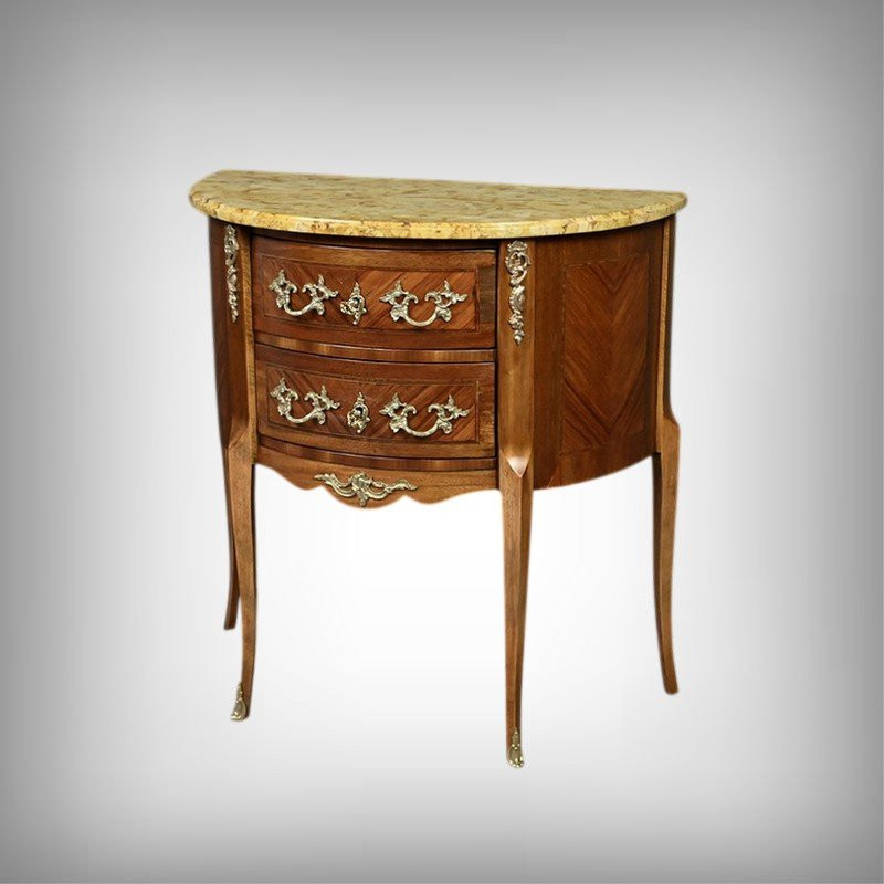 Small Marquetry Half-moon Commode, Louis XV-louis XVI Transition Style – 20th Century-photo-2