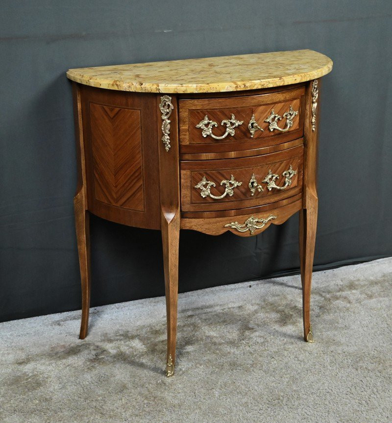 Small Marquetry Half-moon Commode, Louis XV-louis XVI Transition Style – 20th Century-photo-3
