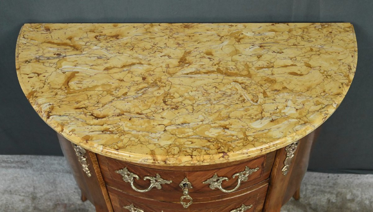 Small Marquetry Half-moon Commode, Louis XV-louis XVI Transition Style – 20th Century-photo-4