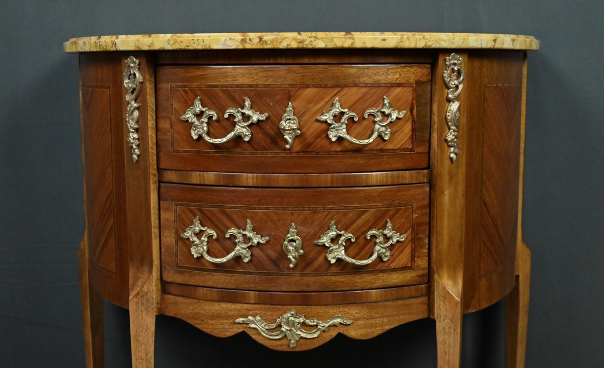 Small Marquetry Half-moon Commode, Louis XV-louis XVI Transition Style – 20th Century-photo-1