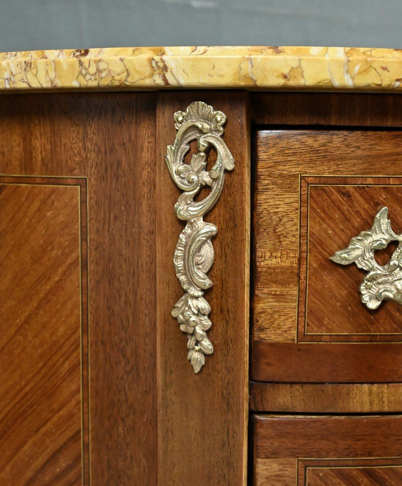 Small Marquetry Half-moon Commode, Louis XV-louis XVI Transition Style – 20th Century-photo-2