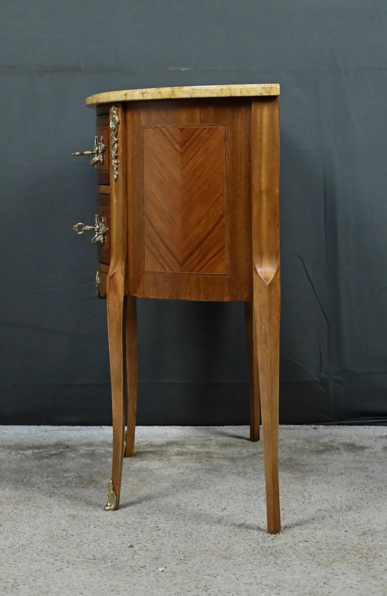 Small Marquetry Half-moon Commode, Louis XV-louis XVI Transition Style – 20th Century-photo-5