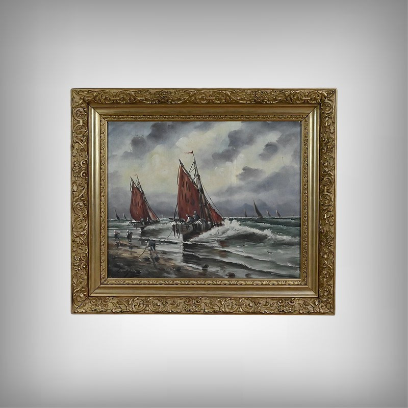 Painting "fishing Souvenir" Signed L. Henry – Late 19th Century