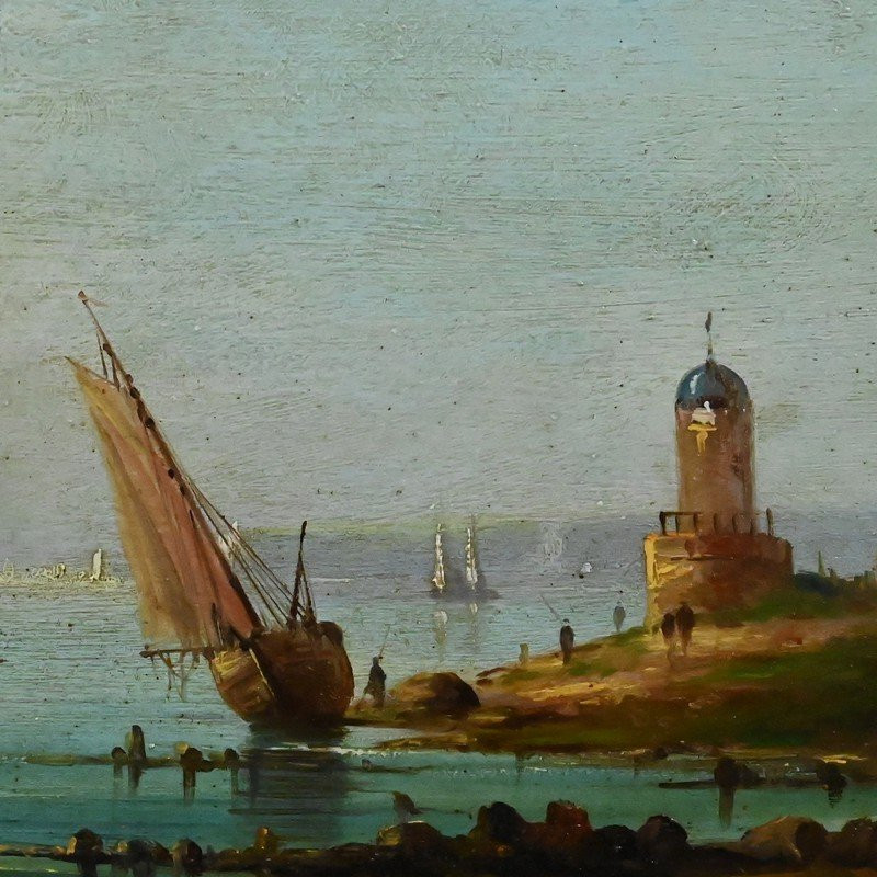 Tableau « Voiliers sur la Méditerranée », Huile sur panneau, École Française du XIXe-photo-2
