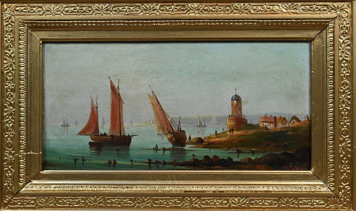 Tableau « Voiliers sur la Méditerranée », Huile sur panneau, École Française du XIXe-photo-1