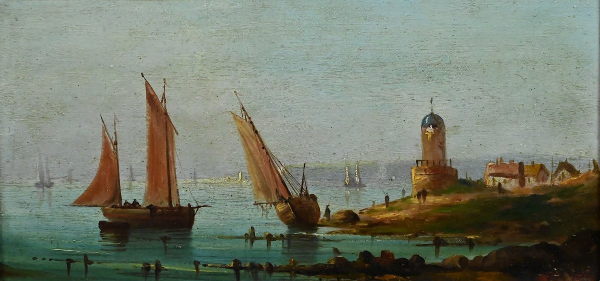 Tableau « Voiliers sur la Méditerranée », Huile sur panneau, École Française du XIXe-photo-2