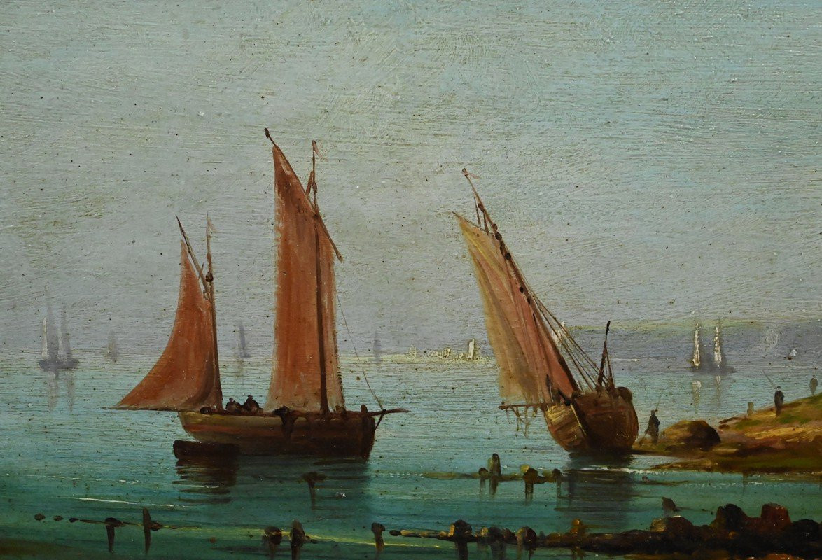 Tableau « Voiliers sur la Méditerranée », Huile sur panneau, École Française du XIXe-photo-3