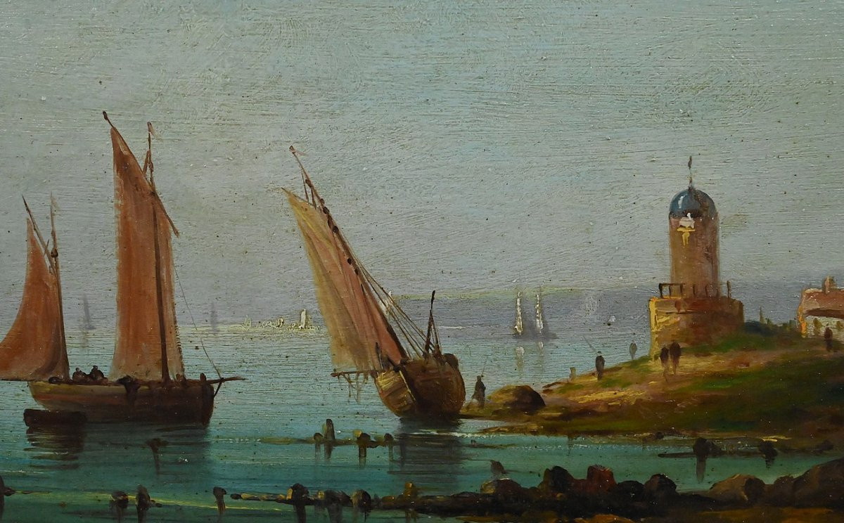 Tableau « Voiliers sur la Méditerranée », Huile sur panneau, École Française du XIXe-photo-4
